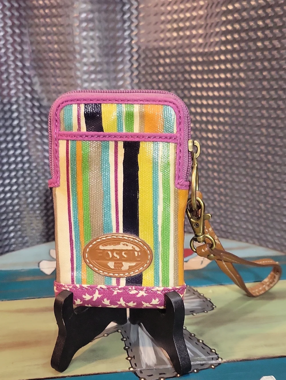 Fossil Birds Striped Wristlet Small CoinPurse Pocket Credit Cards